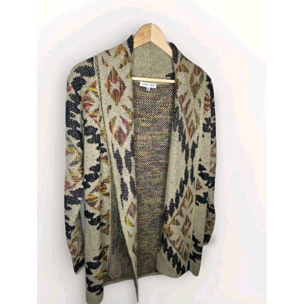 Woven Heart Aztec Cardigan Sweater Medium Boho Southwestern Coastal Open Front